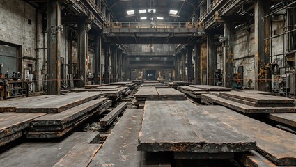 Raw steel slabs stacked in industrial steel mill setting