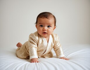 Fototapeta premium portrait of a baby small cute baby white background looking at camera face adorable baby