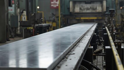 Steel sheets on conveyor belt polished and reflective moving towards hydraulic press in factory