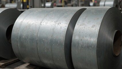 Industrial roll of galvanized steel on metal pallet under factory lights