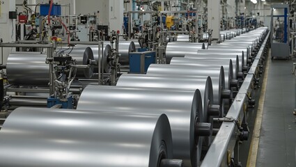 Efficient industrial production line with shiny sheet metal rolls on conveyor