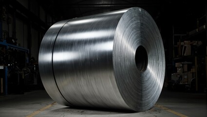 Reflective steel coil in warehouse corner with dramatic lighting