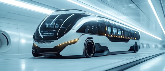 Fototapeta premium Futuristic electric bus driving through a white tunnel.