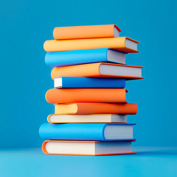 3D illustration, stack of books on blue background, copy space