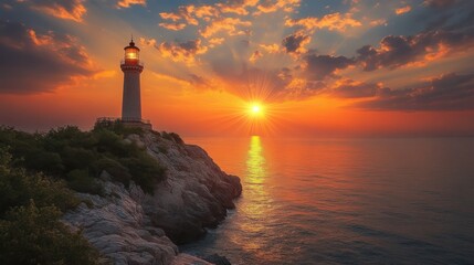 Fototapeta premium A lone lighthouse stands tall on a rocky cliff, its beacon shining brightly against a dramatic sunset over the ocean.