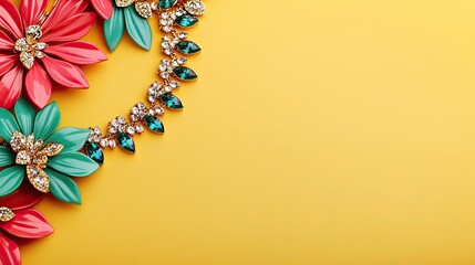 Obraz premium Vibrant flowers and decorative jewelry create a stunning arrangement against a bright yellow background.
