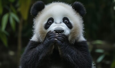 Obraz premium A baby panda is hiding its face behind its paws. The panda is looking at the camera with a surprised expression