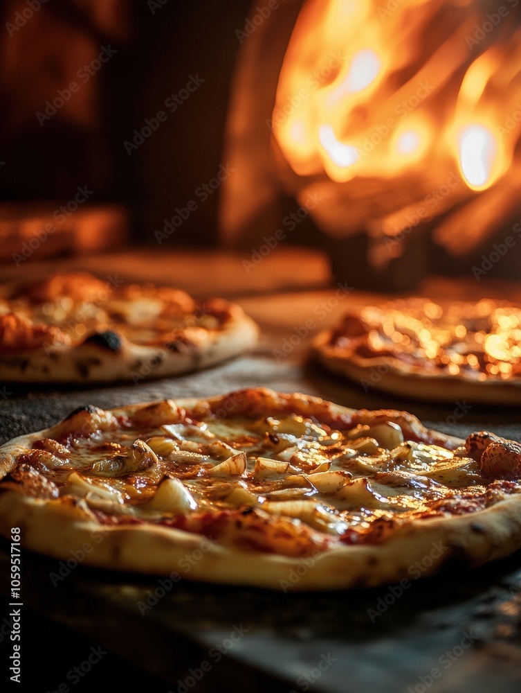 Aufkleber several pizzas bake in a hot wood-fired oven, surrounded by dancing flames that create a warm and in