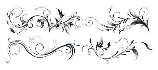 Filigree calligraphy ornamental curls with vintage swirls and flourishes, a decorative retro design element for menus, diplomas, invitations, outline text dividers, and more.