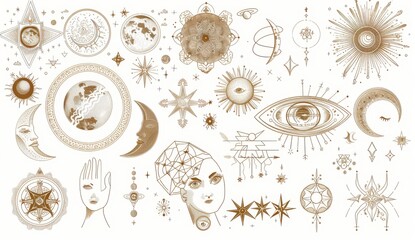 Astrology elements. Magical space objects, planets, stars with female faces and hands. Minimalist woman cosmic objects.