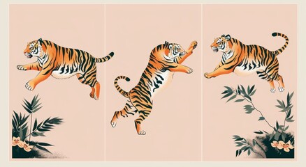 An abstract Tiger walk in a Japanese or Chinese oriental style. Three hand drawn modern illustrations for print, logo, poster template, tattoo idea. In celebration of the new year 2022.