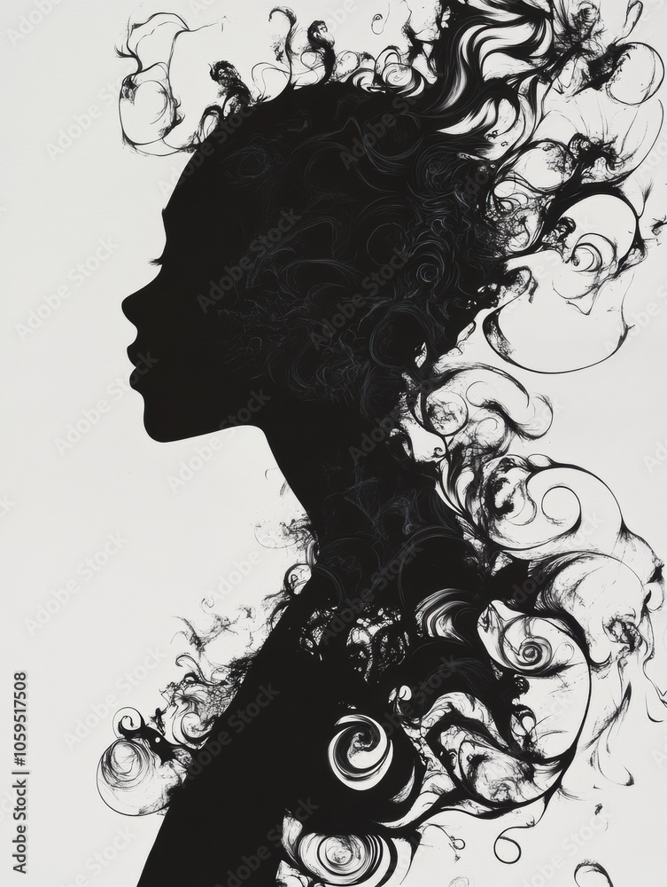 Leinwandbilder An abstract silhouette of a person emerges from a backdrop of swirling patterns, creating a visually captivating experience. Generative AI