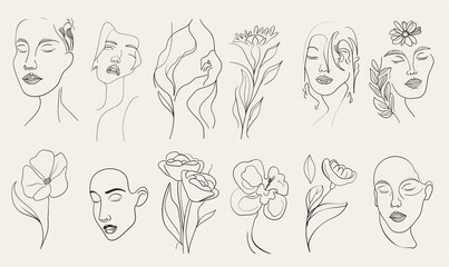 Fototapeta premium A set of abstract flowers and a woman's face and body painted in a one-line style. Concept of beauty and fashion for women.