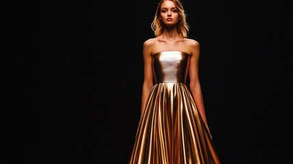 Fototapeta premium A model showcases a stunning golden dress with a fitted bodice and flowing skirt against a dark backdrop.