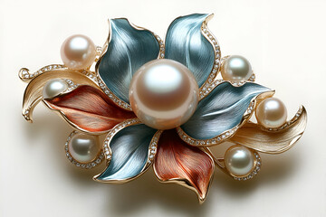 A beautifully crafted floral brooch featuring pearls and colored enamel leaves, exuding elegance and charm.