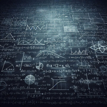 Complex mathematical equations and graphs cover a chalkboard, illustrating advanced concepts and theories in mathematics and physics