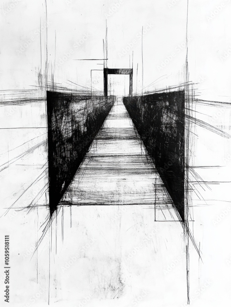 Leinwandbilder An abstract representation of a bridge showcases a path extending toward a light source, emphasizing depth and artistic lines throughout. Generative AI