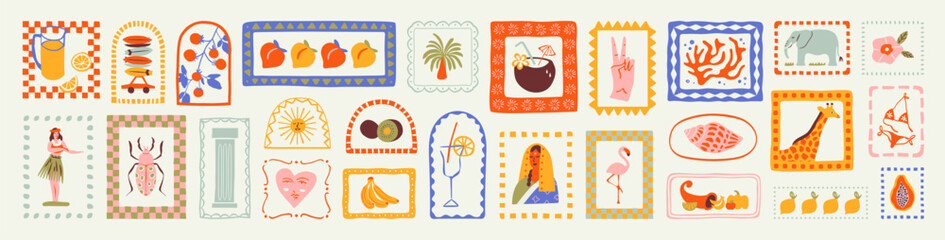 Retro hand drawn tropical summer shape set. Jungle nature illustration collection. Vintage exotic clip art of palm tree, fruit and hawaiian dancer. Geometric patchwork mosaic style element bundle.