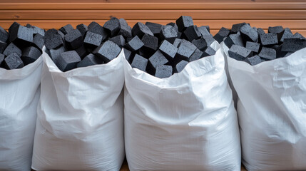 Large White Bags Filled with Charcoal Briquettes