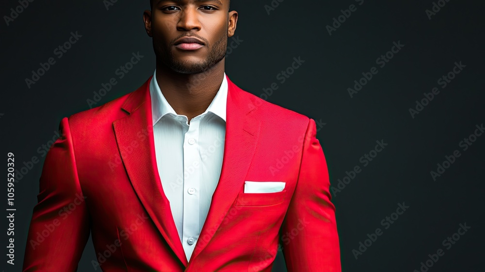 Wall mural a confident man wearing a striking red suit, complemented by a white shirt, stands against a dark ba