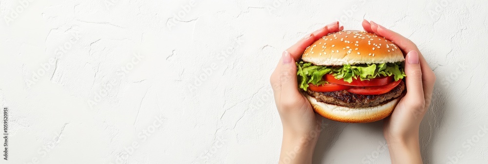 Poster two hands grasp a freshly made burger filled with crisp lettuce and juicy tomatoes, showcasing the a