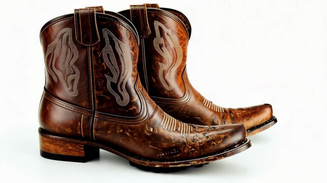 A pair of brown leather cowboy boots with a unique pattern sits on a white background