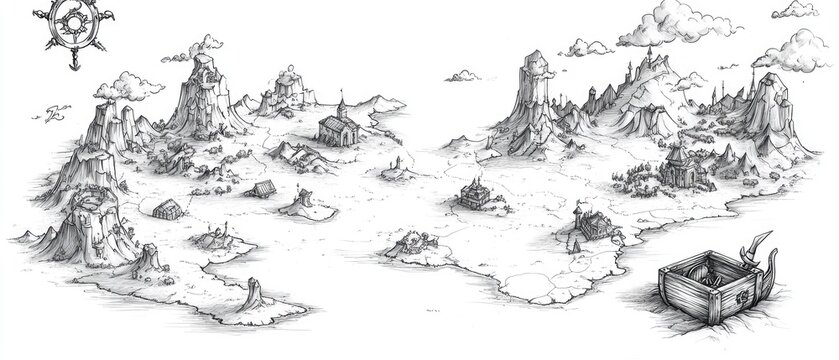 Hand-drawn black and white map of an island with a compass, mountains, a church, and a chest.