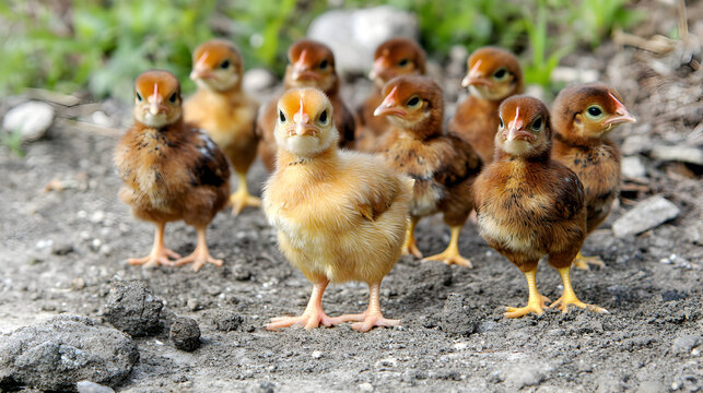 un grupo de polluelos caminando por el campo por la granja pollos en crecimiento tiernos animales de granja y aves de corral