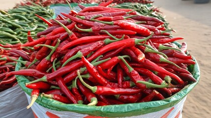 Vibrant Red Chili Peppers in Market Baskets