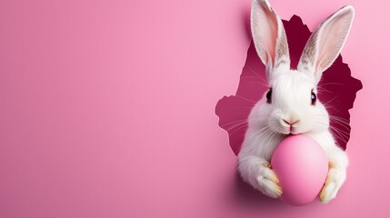 Fototapeta premium Cute Rabbit with Pink Egg on Pink Background