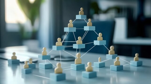 Corporate team structure displayed with 3D figures in an office setting, illustrating a connected network of roles and hierarchy, ideal for representing business organization and teamwork