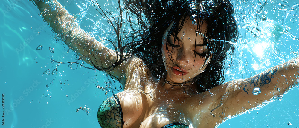 Poster woman with long dark hair is submerged in water, arms outstretched, creating dynamic and refreshing 