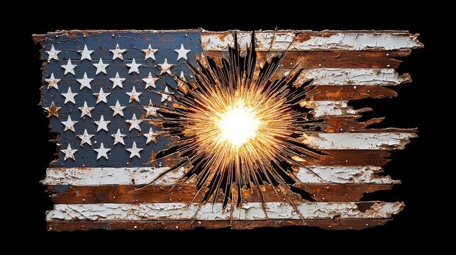 Distressed American Flag with Burst of Light