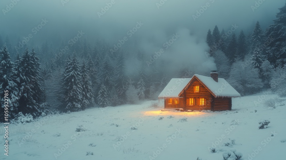 Aufkleber a charming wooden cabin with glowing windows sits in a snowy landscape, surrounded by tall evergreen
