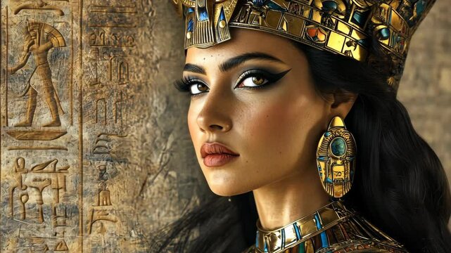 A woman wearing an ornate golden crown and jewelry looks directly at the camera, standing in front of an ancient Egyptian wall