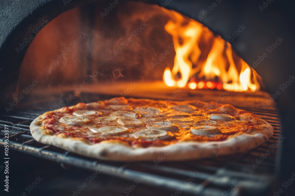 Aufkleber pizzas are being baked in a traditional oven, with flames gently licking around them, creating a war