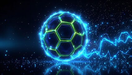Naklejka premium Dynamic neon soccer ball with glowing hexagonal patterns electric trails and radiant particles