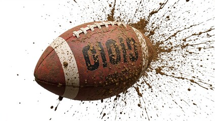 Dynamic football in mid air splattering mud for intense gritty realism