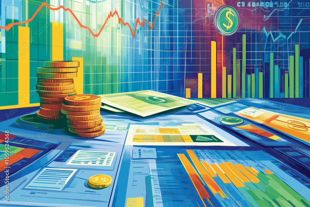 Poster colorful image of a pile of coins and dollar bills on a table with graphs and charts. scene is that 