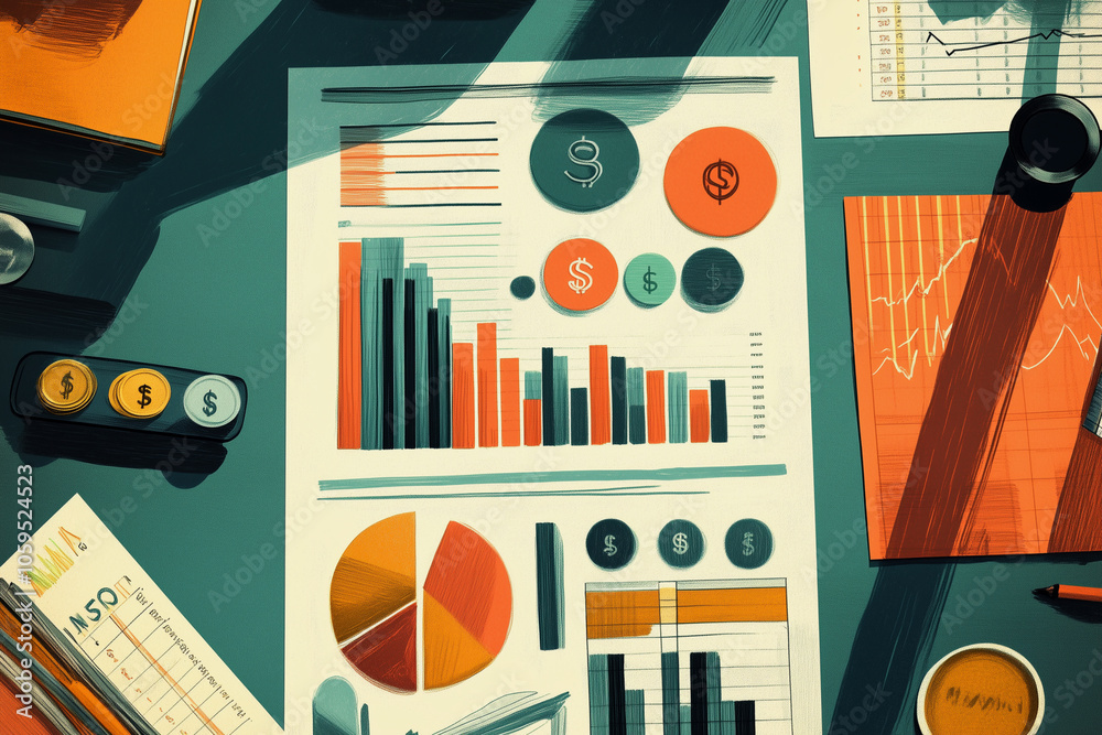 Aufkleber colorful graph with dollar signs on it. the graph is on a table with other papers and objects