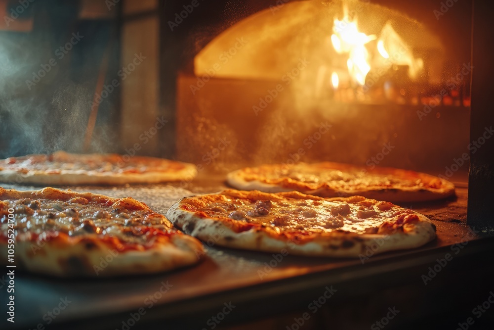 Poster pizzas are cooking in a heated oven, with flames visible and steam rising, creating an appetizing ar