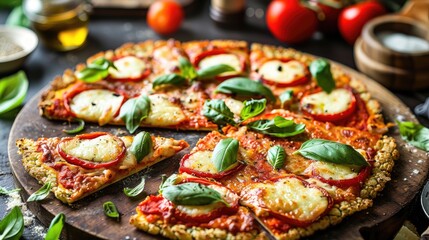 Gluten-free cauliflower pizza with veggies, sliced on dark wood table.