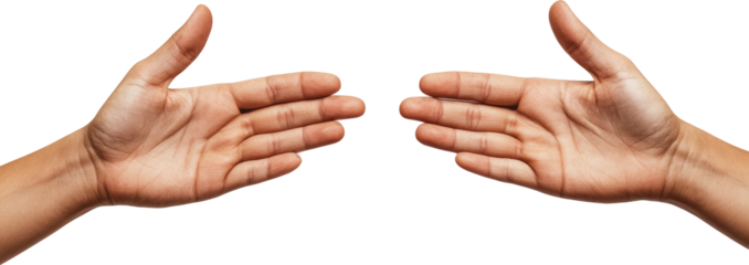 Two hands reaching out towards each other against transparent background, communication and connection concept