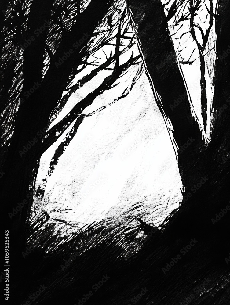 Poster the artwork depicts a dense forest, capturing the intricate details of trees and shadows in a peacef
