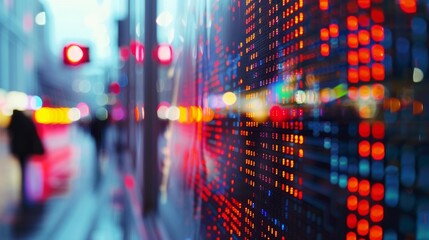 Abstract image of a stock ticker style display showing financial data with a blurred city street scene in the background