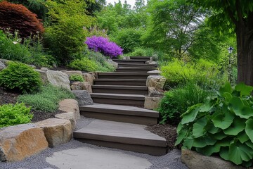 A serene garden path lined with vibrant flowers and greenery, inviting relaxation.