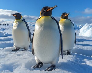 Fototapeta premium Three penguins standing on a snowy surface. One of them is looking at the camera. The scene is peaceful and serene