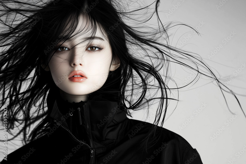 Aufkleber model with flowing hair in black jacket, exuding dynamic and captivating presence. wind adds movemen