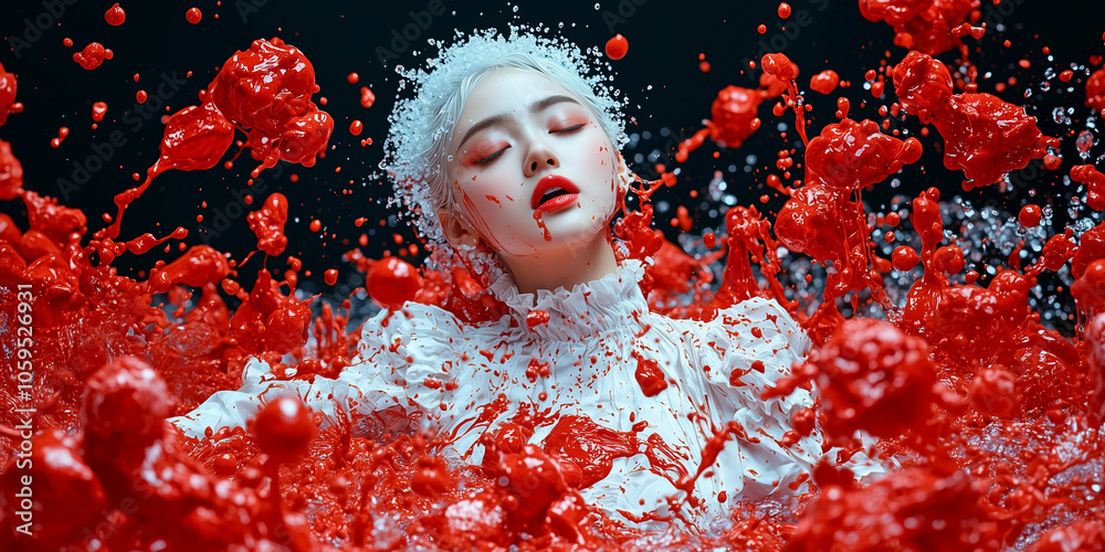 Aufkleber model in dynamic pose surrounded by splashes of red liquid, creating dramatic and artistic scene. contrast of white attire enhances visual impact
