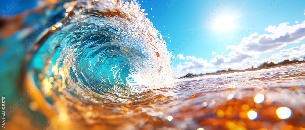 Poster vibrant ocean wave crashing with sparkling water droplets under bright sun. dynamic motion captures 